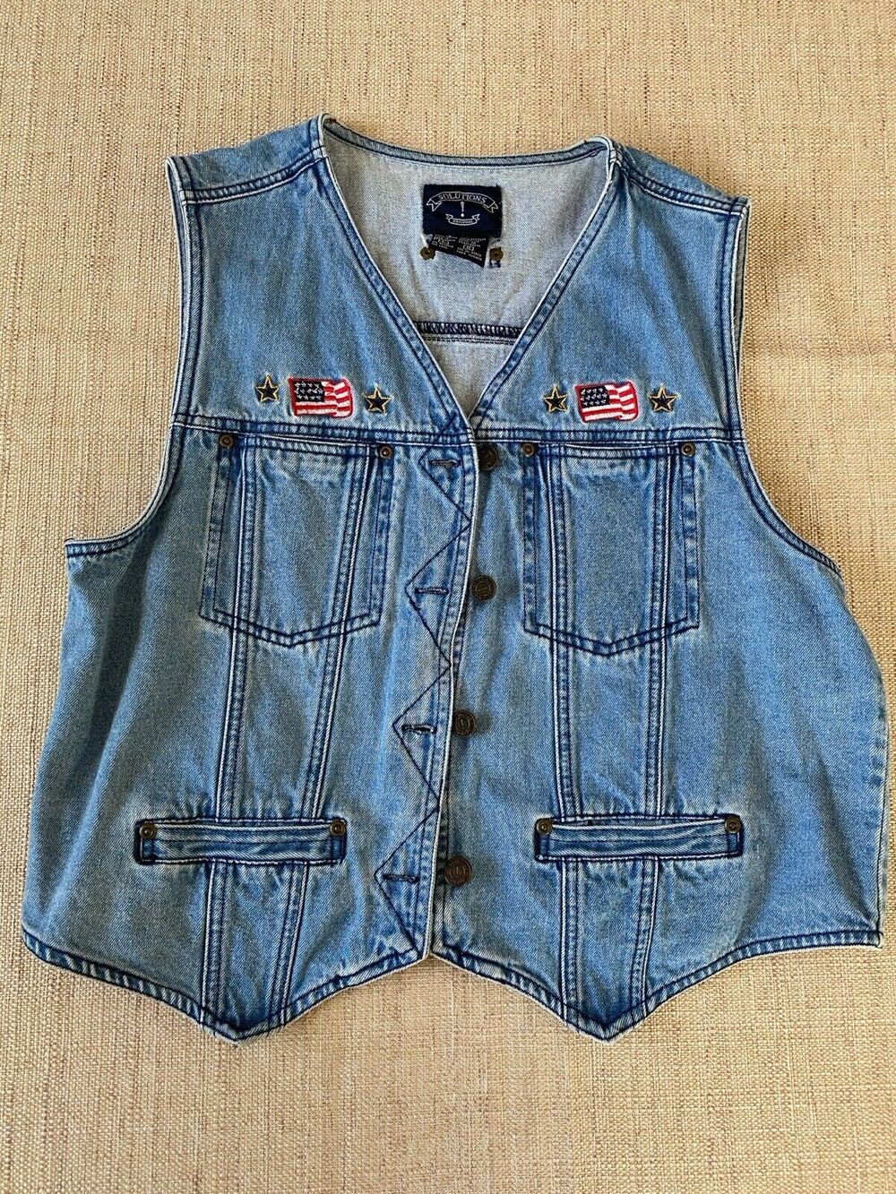 Solutions Original Embroidered Patriotic Flags Denim Vest jacket Women’s Large